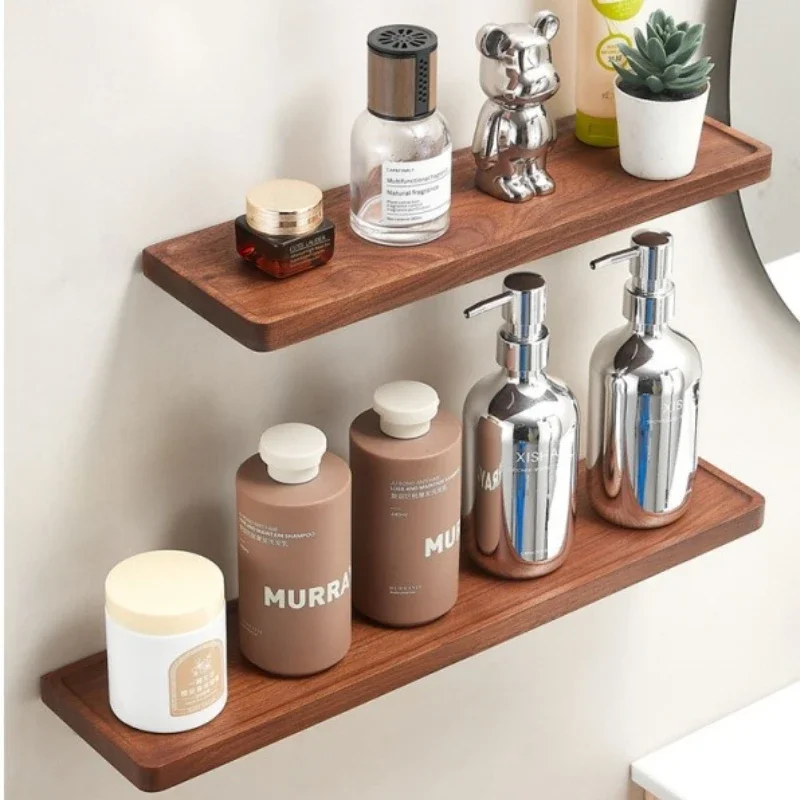 

Walnut shelf new Chinese light luxury bathroom solid wood panel laminate wall hanging storage restroom a word plate
