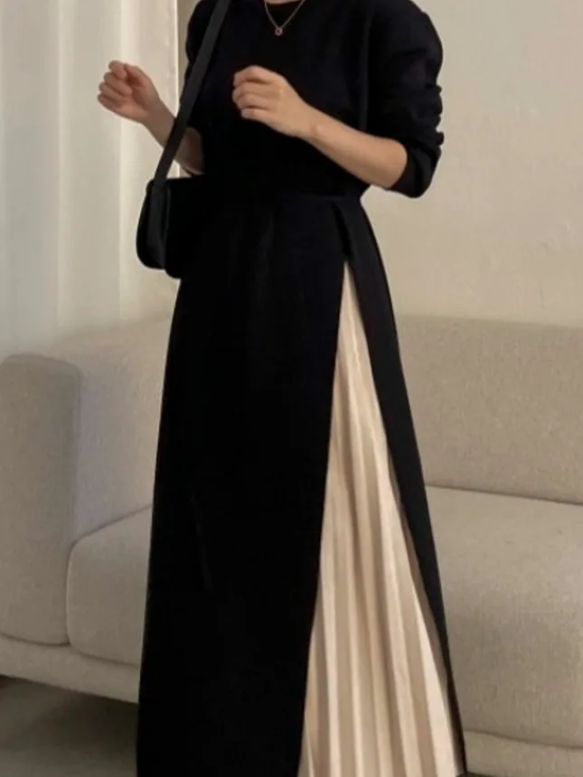 Ele Chic Dzianinowa Sukienka Midi Damska z Okrągłym Dekoltem, Zdobiona Plisami w Talii, Długa, Jednoczęściowa, Ekskluzywna Oferta Online