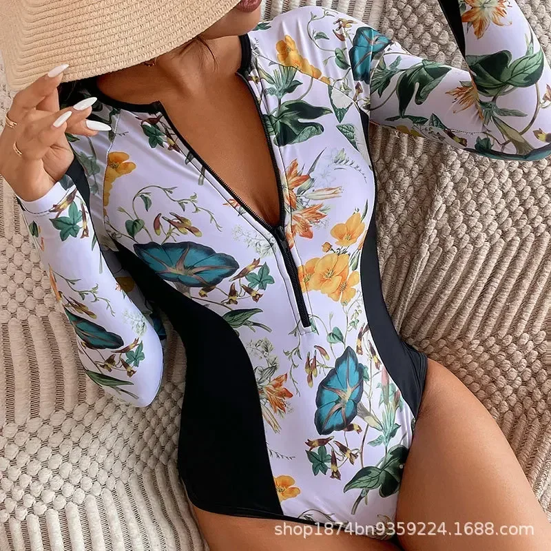 One-Piece Swimsuit For Sports Surfing Long Sleeve Swimwear 2024 New Women\'s Bodysuit Swimming Bathing Suit Beachwear Pool Bather