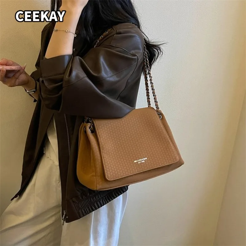 CEEKAY Bolso bandolera de piel sintética con rejilla fina, diseño de solapa, correa de cadena de metal, bolso de hombro informal ligero para oficina para mujer