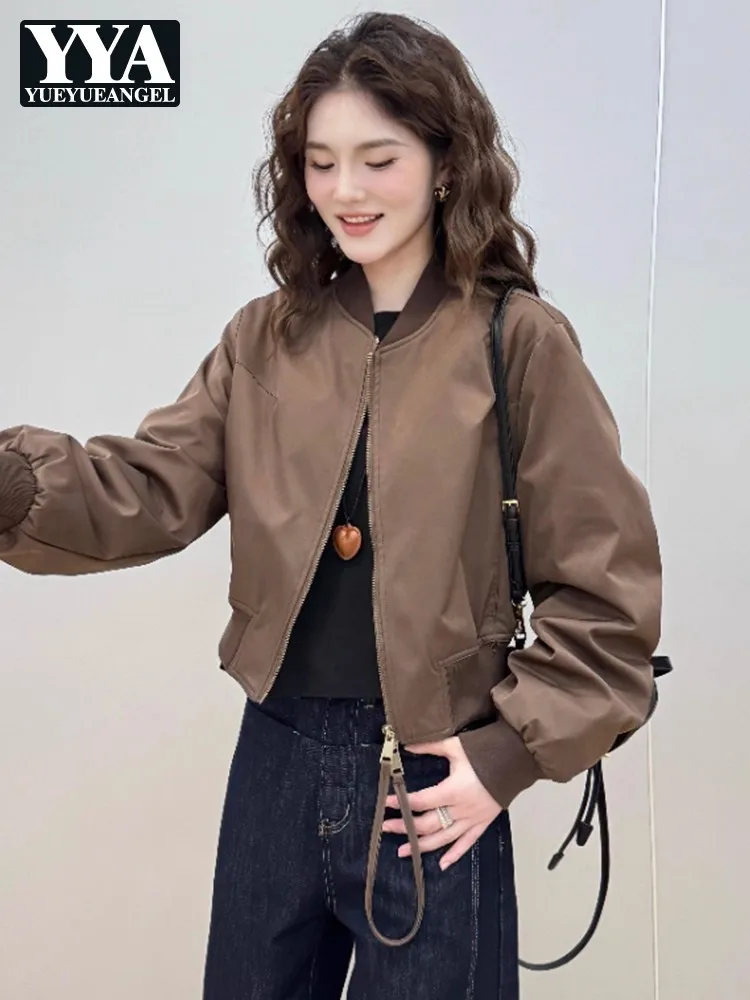 

Осенняя женская короткая куртка на молнии с воротником-стойкой, бейсбольные куртки, модная повседневная свободная верхняя одежда, офисное женское пальто