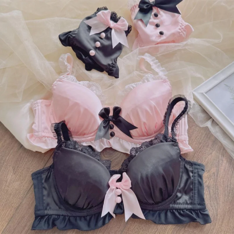 Kawaii Japonská Lolita Spodní Prádlo Set - Roztomilý Kryt Podprsenky s Mašličkou a Kalhotky Pro Malý Hrudník, Čistě Sexy Podprsenka S Přívěsky na Košíčky pro Dospívající Dívky - náhled 5