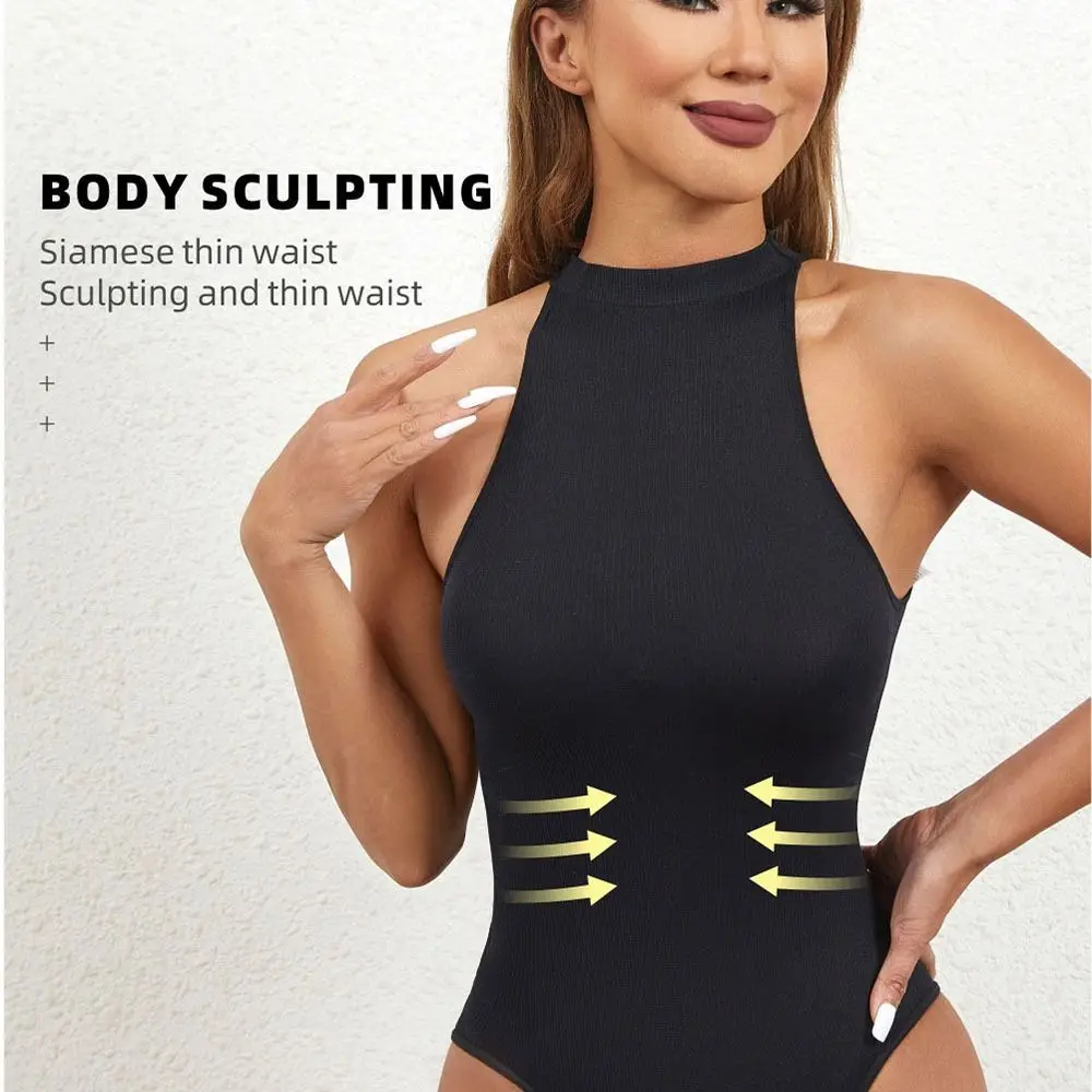 Casual Ribbed Women's Bodysuits Halter Neck Sleeveless Full Body Shaper Snatched Waist Thong Compression Shapewear Exercise
