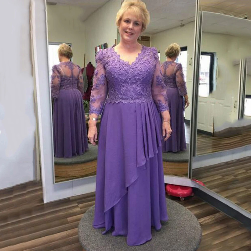 Classic New Arrival 2023 Mother Of the Bride Dresses Purple Lace Wedding Party Gowns 3/4 Sleeves Illusion Back Madre Vestidos