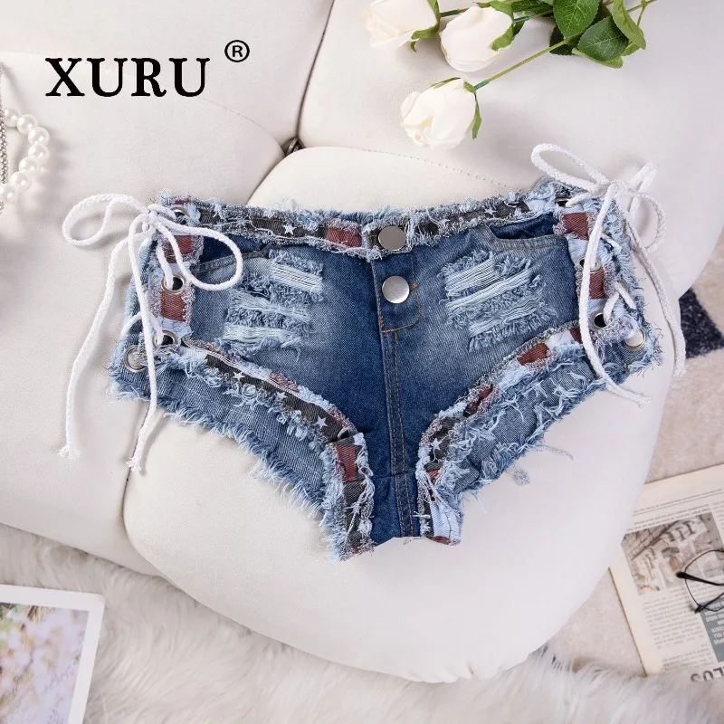 XURU - Novos jeans femininos sexy piercing, cintura baixa verão azul shorts jeans calças quentes
