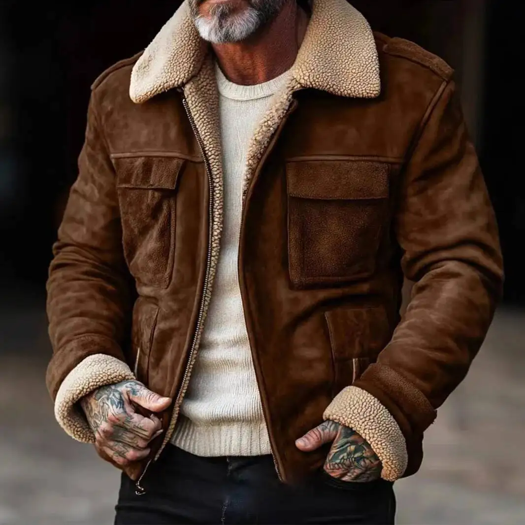 

Зимняя замшевая куртка в винтажном стиле для мужчин, на молнии, с плюшевой подкладкой, отложным воротником, для активного отдыха, мужская верхняя одежда, ветрозащитная, бархатная куртка