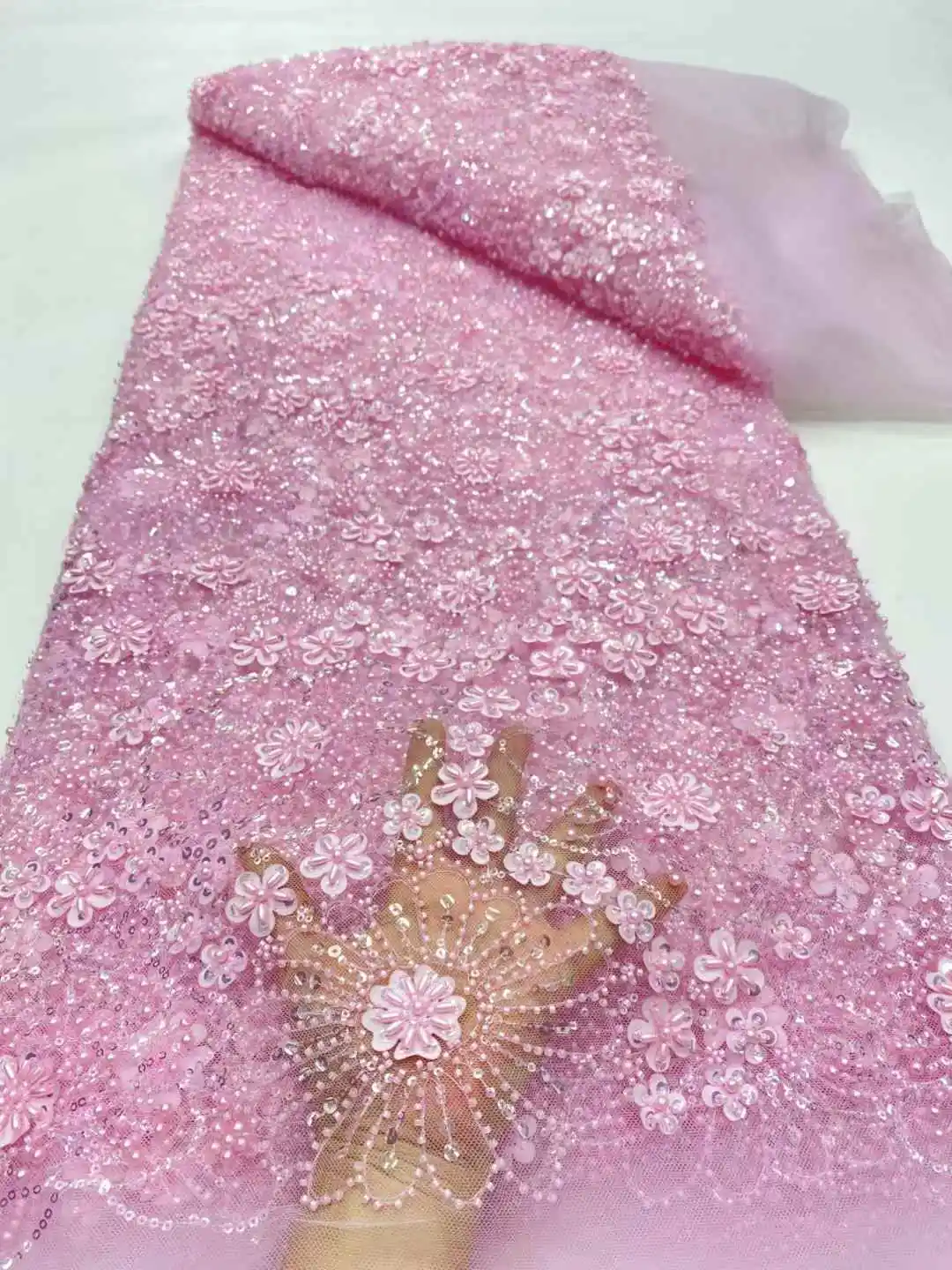 Latest French Mesh Lace Beads Fabric High Quality African Nigerian Tulle Mesh Lace Luxury Wedding Dresses For Women-DP