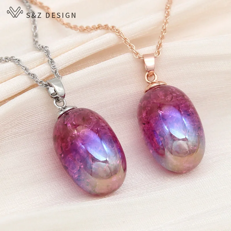 S&Z DESIGN New Fashion 585 Rose Gold Color Grape Pendant Necklace For Women Wedding Jewelry Oval Colorful Eardrop Gift