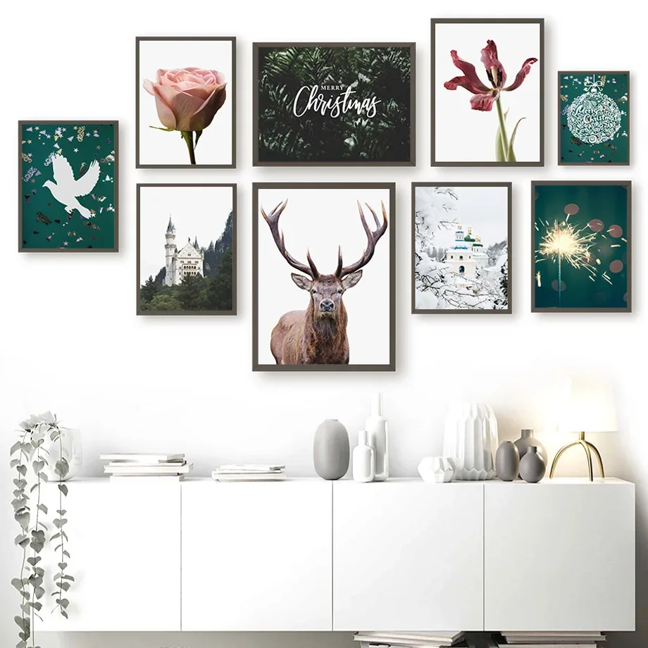 

Winter Deer Peace Dove Christmas Tree Castle Nordic Posters And Prints Canvas Painting Wall Pictures For Living Room Decor