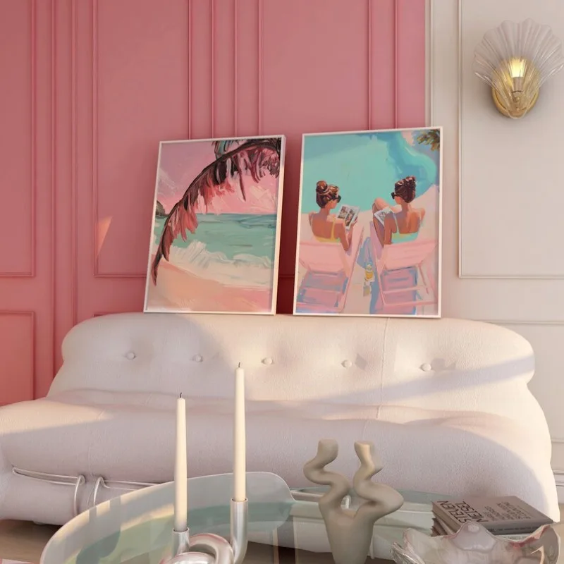 Vintage Girly Summer Pool Party Poster Palm Beachy Pink Turquoise Coastal Canvas  Wall Art for Living Room Home Decor view 4