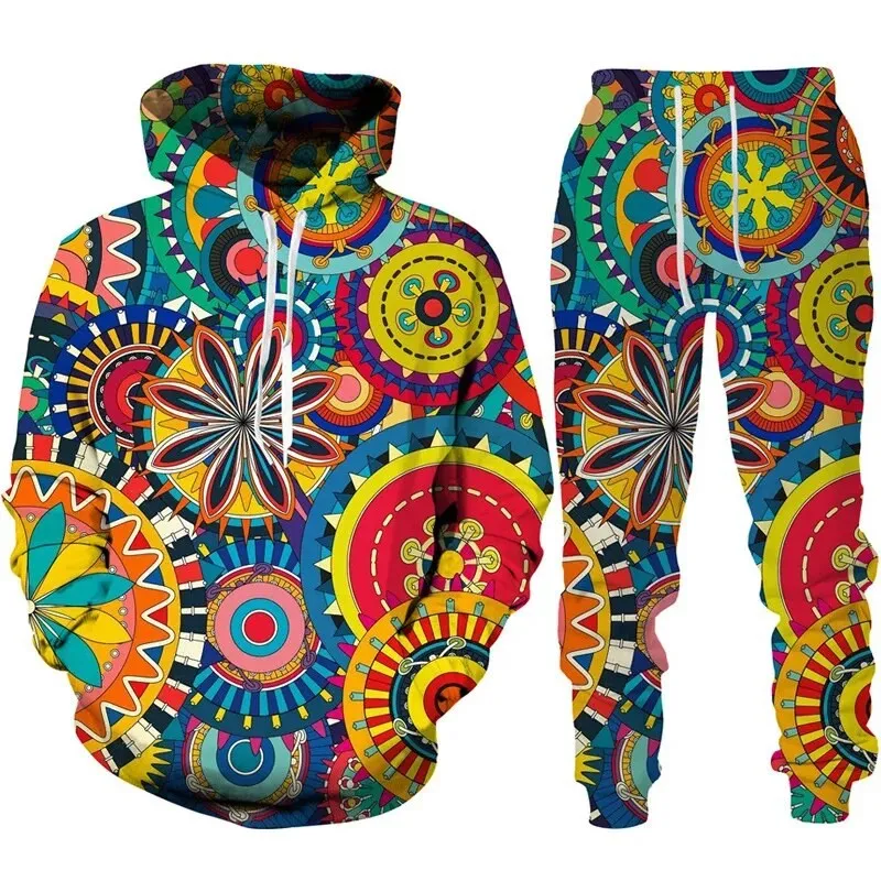 New Vintage Abstract Pattern 3D Print Men Clothing Suit Ethnic Style Hoodie Pants 2 Piece Set Men\'s Sportswear Tracksuit Autumn