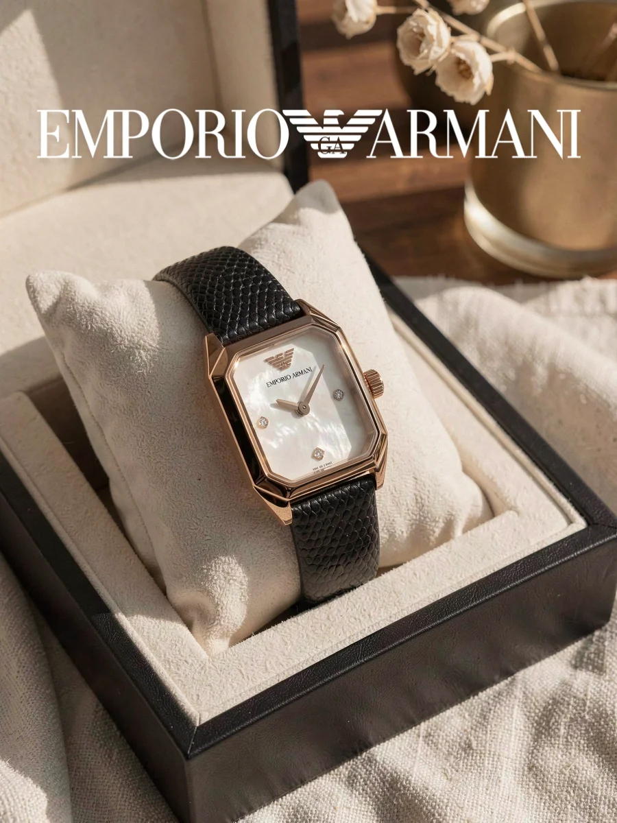 Armani AR11248 Ladies Wristwatch Irregular Rectangle Mother of Pearl Dial Fine Grain Leather Elegant Daily Gift