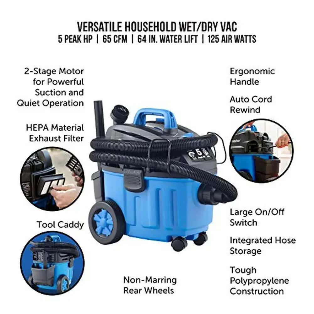 4 Gallon 5 HP 2-Stage Industrial Motor Wet/Dry Floor Vacuum w/ On Board Storage & 18-Foot Power Cord HEPA Filter Brush Dual