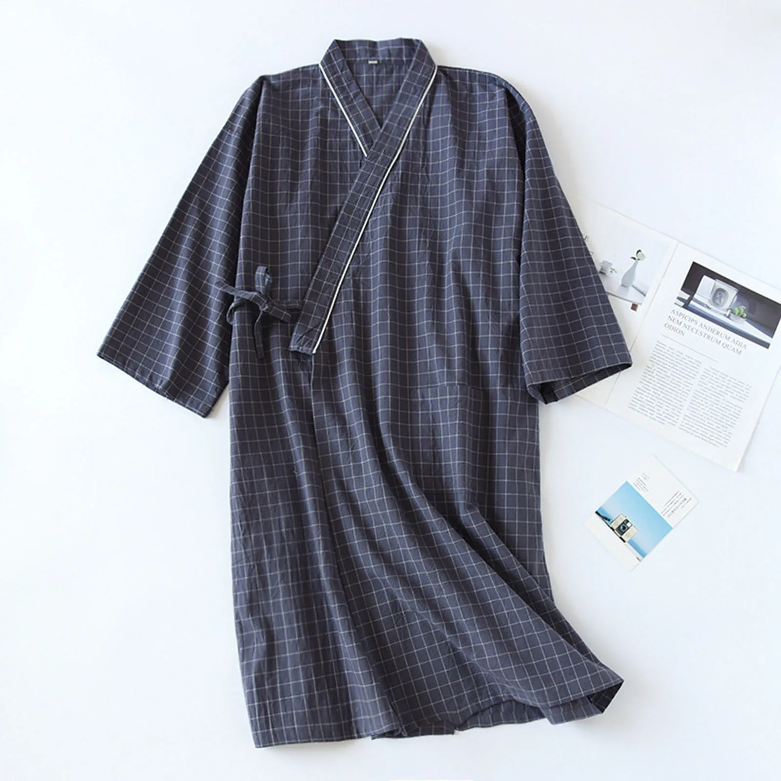 Spring Couple Plaid Kimono Pajamas Long Robe Home Clothe V-Neck Three Quarter Sleepwear Thin Men and Women Washed Cotton Pijamas