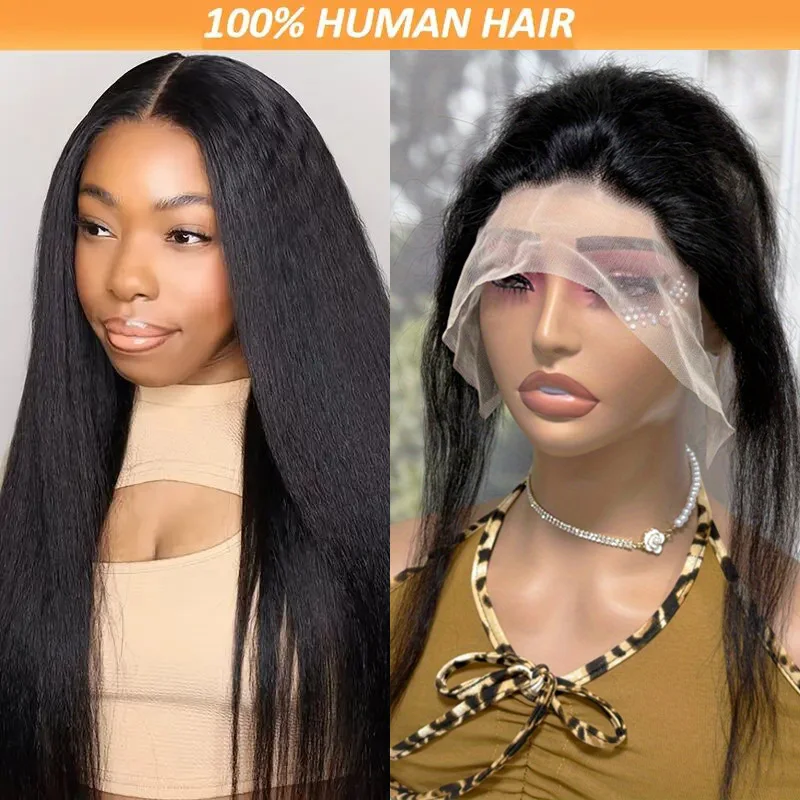 

T13x6 Kinky Straight Human Hair Lace Front Wig Cap - Yaki Straight Free Part Регулируемый ремешок, прочный и простой в использовании для женщин