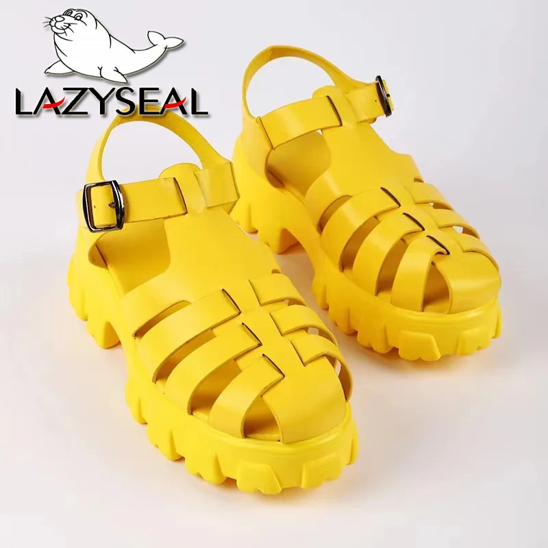 LazySeal Wedge Summer Sandals Hollow Upper Solid Color Buckle Close Women Chunky Heel Sandals Gladiator Woman Shoe Plus Size 42