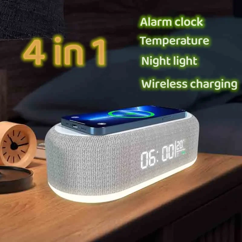 4 in 1 15w Qi Alarm Clock Wireless Charger Station With Led Light And Temperature Function