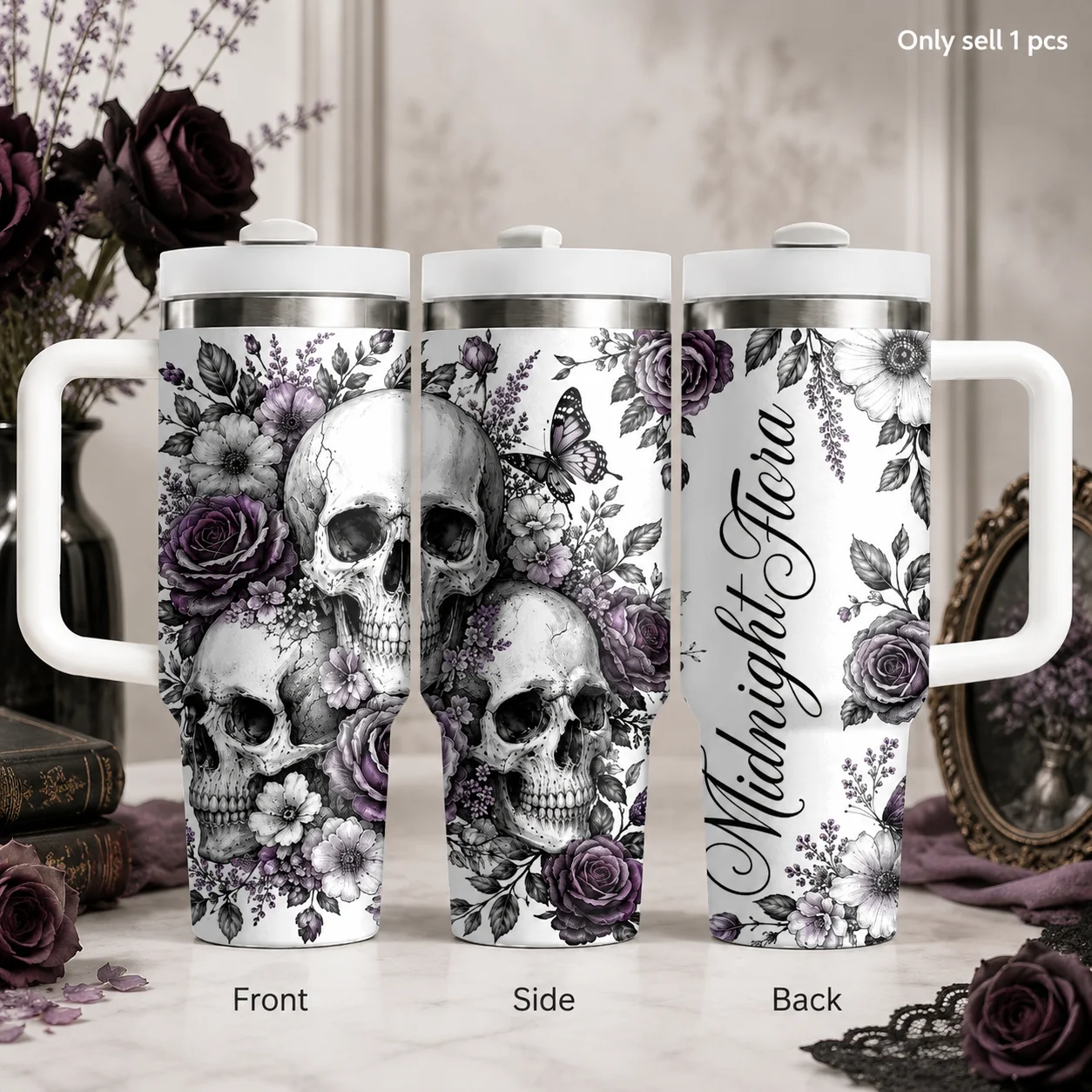 Midnight Aura Purple Skull Rose Vacuum Flasks 40oz Stainless Steel Insulated Tumbler With Handle & Straw Leakproof Travel Mug