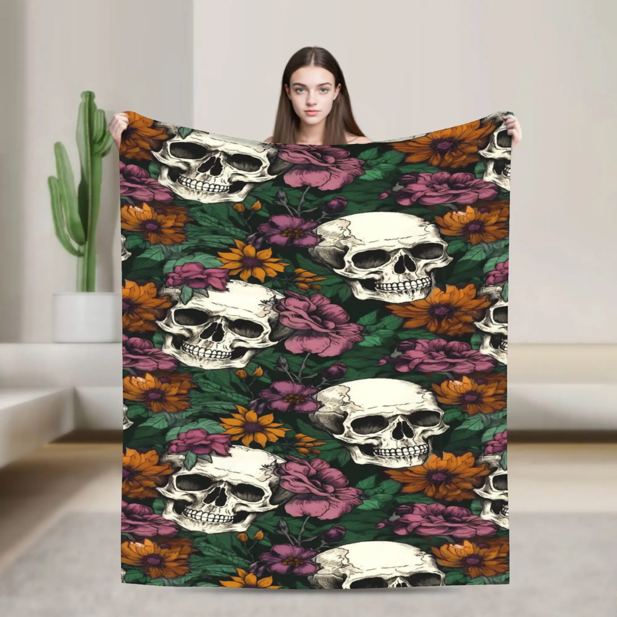 New Arrival Halloween Skulls And Flowers Gothic Goth Blanket Lightweight Thin Flannel  Relax Throw Blankets Machine Washable