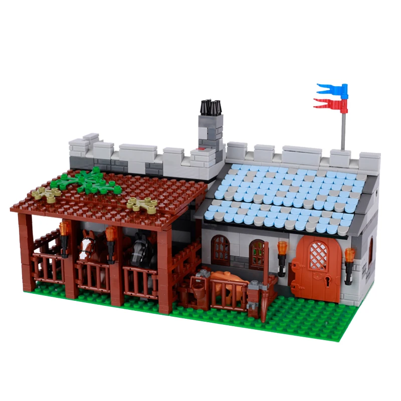 Castelos antigos medievais MOC, paredes da cidade, torres, casas de madeira, edifícios militares, cenas de rua, pequenas partículas, bloco de quebra-cabeça