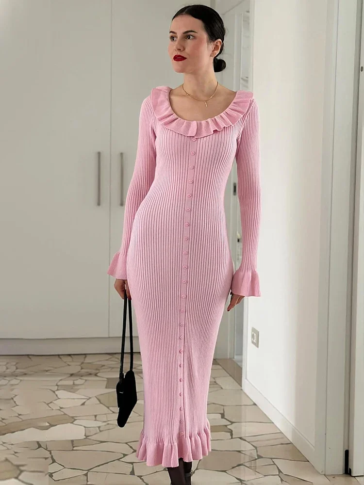 Trendix Women Winter Knit Long Dress Patchwork Ruffle Neck Long Sleeve Maxi Dresses Party Casual Knitwear Rib Elegant Dress 2024