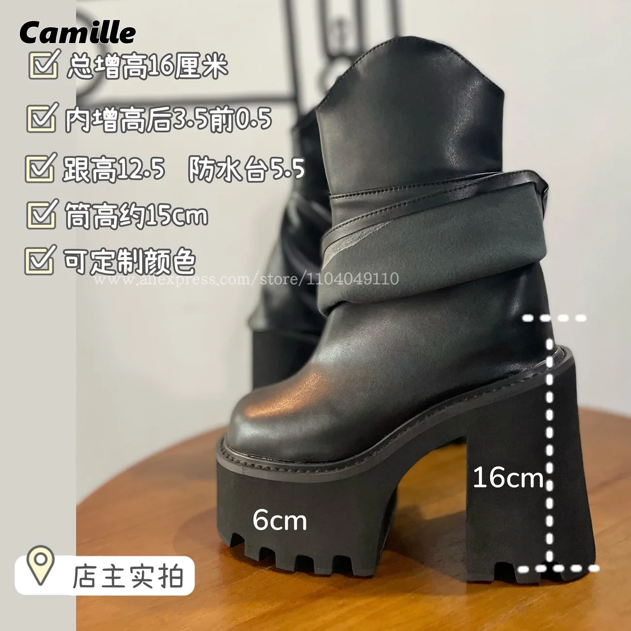 

Punk Style Pleated Chunky Heel Leather Mid Calf Boots Size 34-46 Side Zipper Modren Boots Black Platform 12.5CM Heel Casual Boot