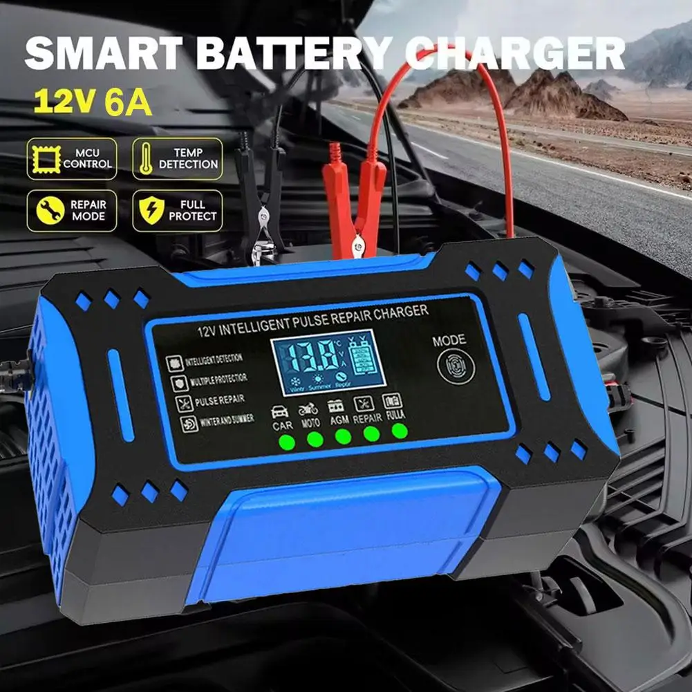 Carregador de bateria de carro 12v 6a, reparo de pulso automático inteligente, display lcd, carga rápida, carregador de bateria de chumbo-ácido para motocicleta automática