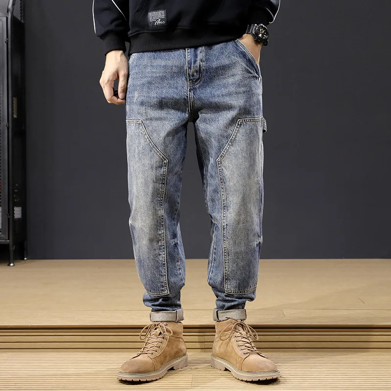 Spring Autumn Cargo Jeans with Pockets Overalls Loose Polished Denim Solid Korean Baggy Hip-hop Harem Overalls Retro Trousers