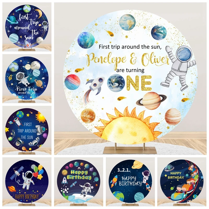 Outer Space Theme Round Backdrop Cover for Baby Happy Birthday Party Planet Galaxy Astronaut Kid Portrait Photography Background