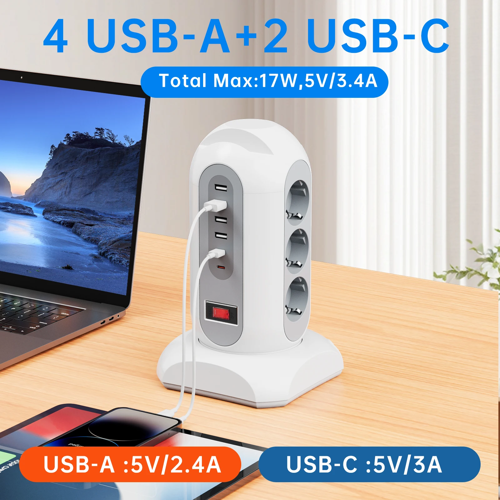 Eu Plug 9 Ac 1.65m Extension Cord Multitap Power Strip European Standard Outlet Network Filter with USB C Ports Charging