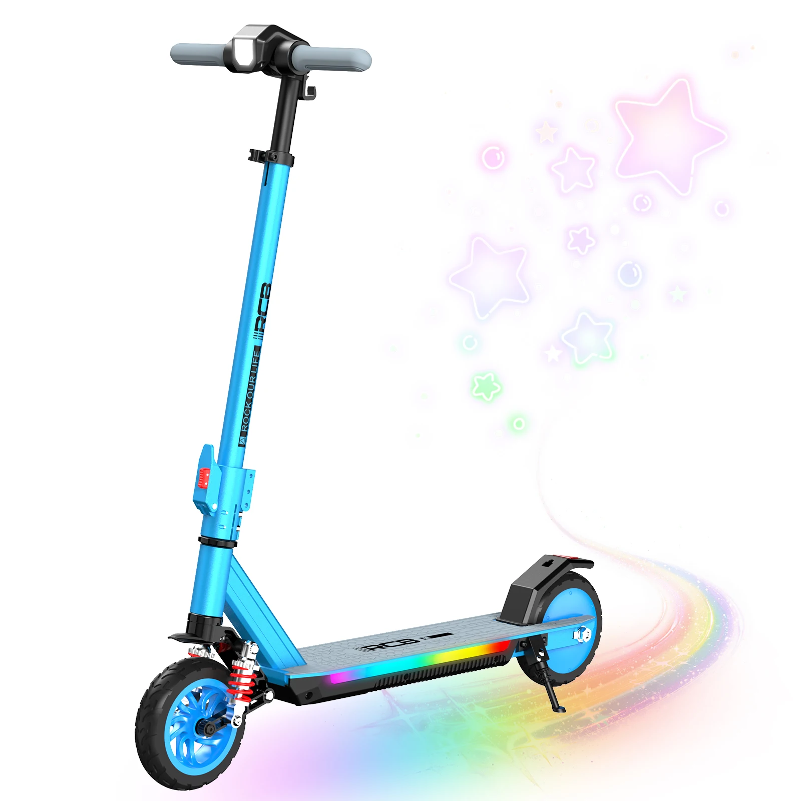 RCB KIDS elektrische scooter voor kinderen van 6-12 jaar, 150W motor, 18 km/u snelheid, opvouwbaar, verstelbare hoogte, 15 km bereik, 7-inch banden, LED-display, kleurrijke verlichting, max. belasting