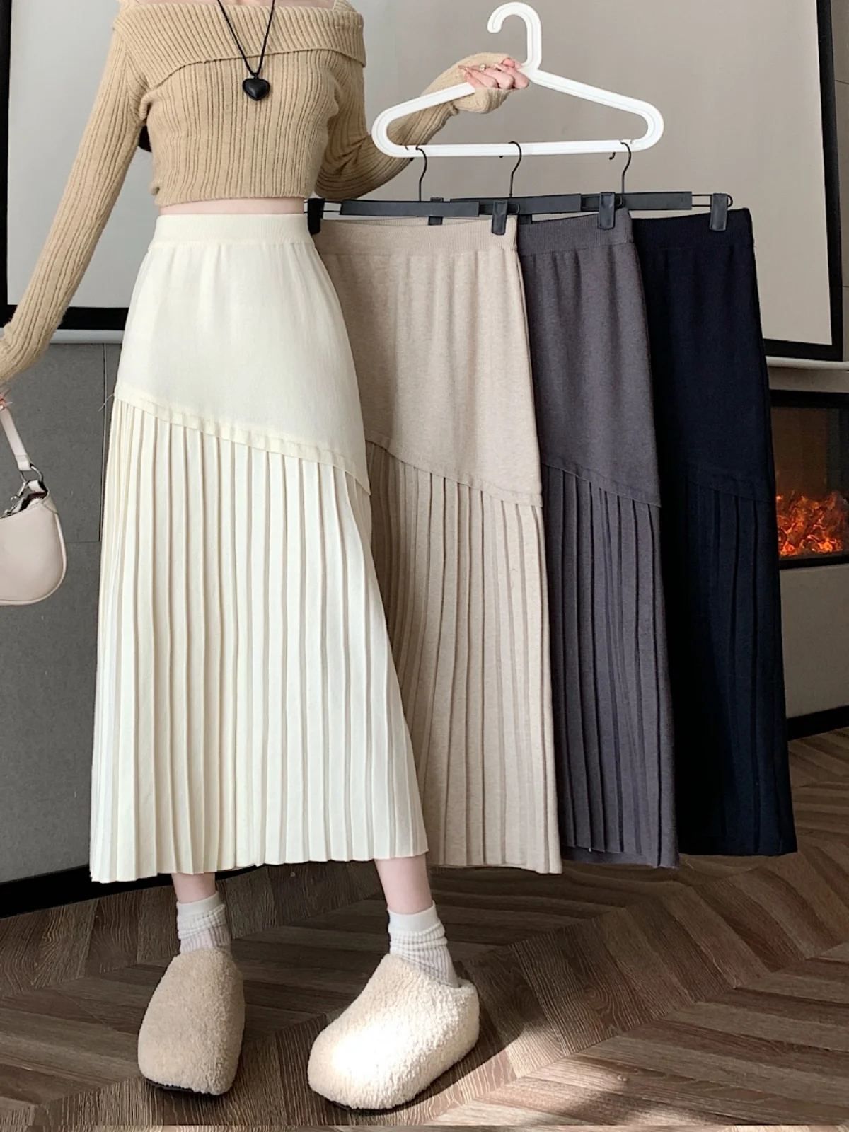 화이트 니트 A라인 스커트 여성용 하이웨이스트 슬림핏 봄 패션 캐주얼 하이웨이스트 폴리에스터 혼방 롱 스커트
