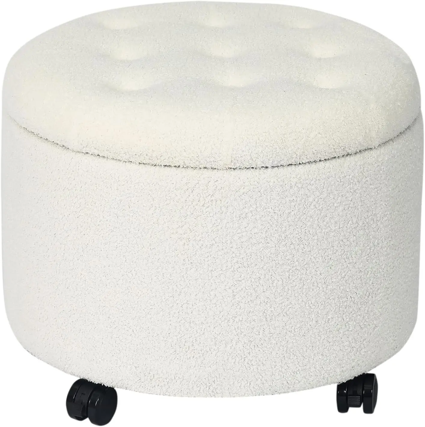 Round Storage Ottoman with Casters, Teddy Velvet Button Tufted Foot Rest Stool for Living Room Bedroom Dorm, White