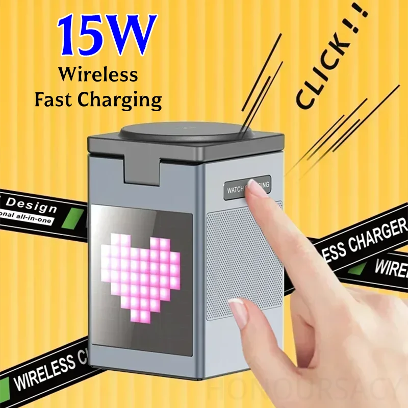 

HIFI Bluetooth-динамик 15 Вт, быстрая зарядка, беспроводное магнитное зарядное устройство, складной держатель для телефона 6 в 1, для IPhone 16, 15, 14, 13, 12, IWatch