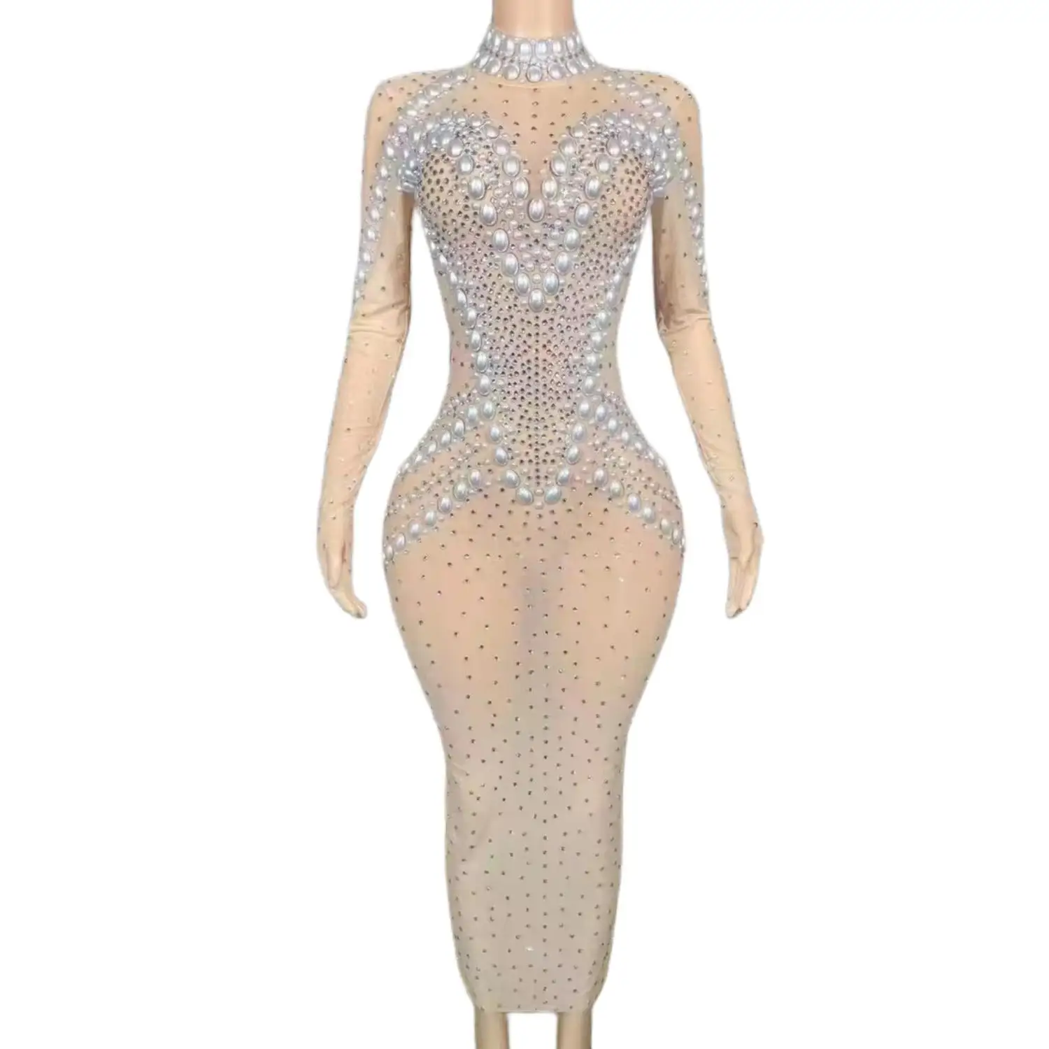 Sparkly Rhinestones Pearls Mesh Dress for Women Sexy Evening Wedding Birthday Celebrate Prom Dress Photo Shoot Wear Longzi