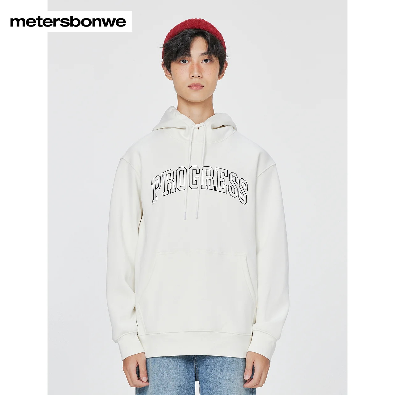 Metersbonwe-Men's Hooded Drawstring Design Fleece Chest High Quality Letter Embroidery Hoodie Casual Sport Warm Pullover Winter