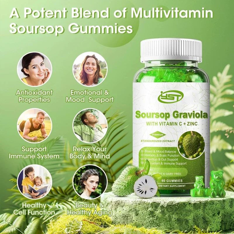 2000mg natural sour melon Graviola gummy supplement, suitable for both men and women, with immunity, antioxidants, and energy