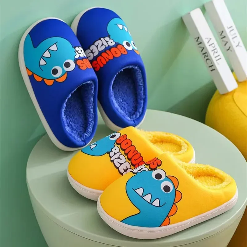 Children Shoes Autumn Winter Cartoon Dinosaur Slippers for Boy Warm Kids Casual Shoes Lovely Home Cotton Slippers Zapatos Niña