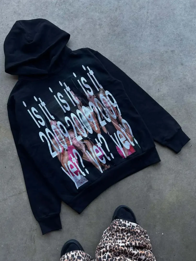 

New letter printed dark style Gothic American retro hoodie, loose and fashionable casual hoodie, sportswear
