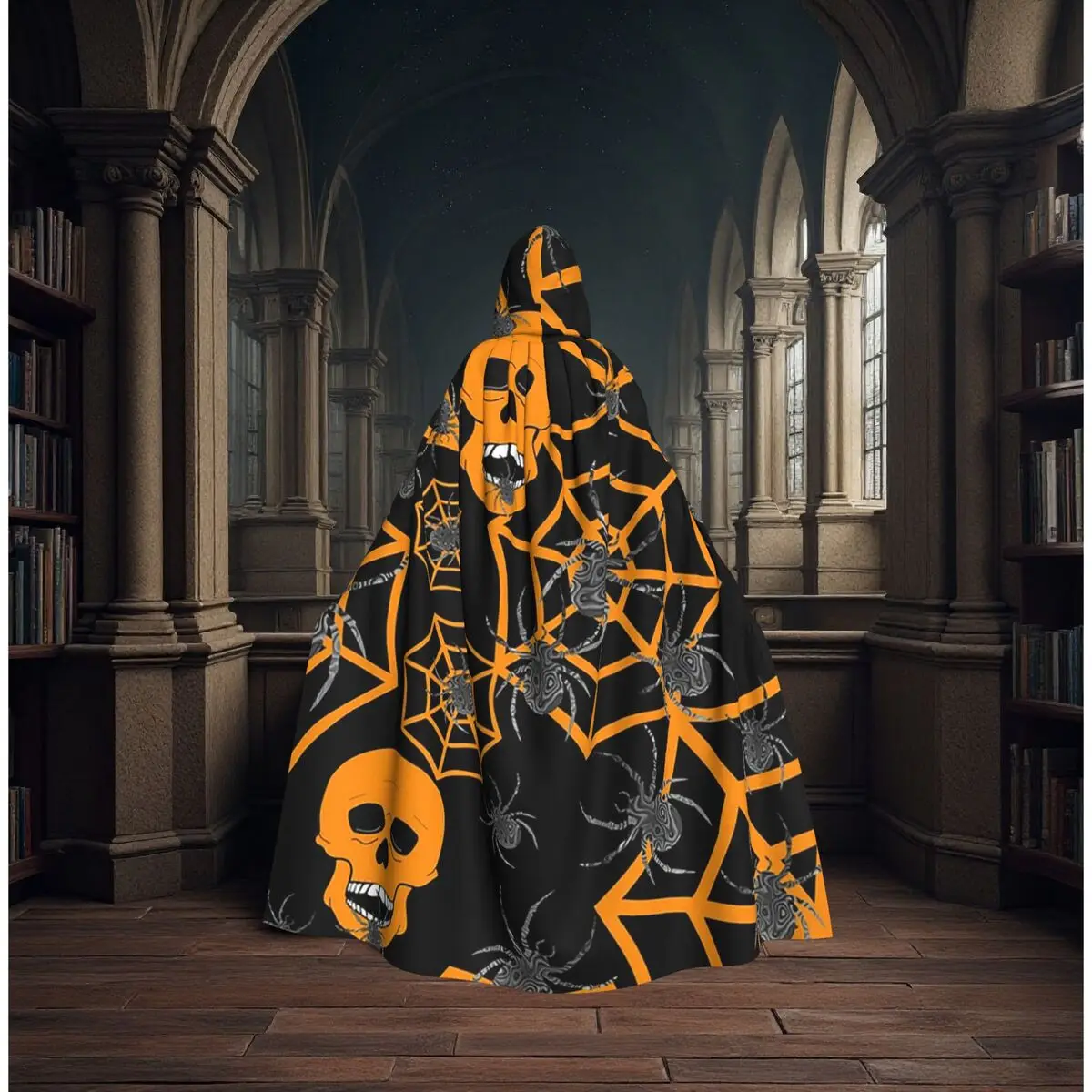 

Плащ-накидка с капюшоном и принтом оранжевого паука, средневековый костюм ведьмы, плащ для косплея на Хэллоуин, унисекс для взрослых