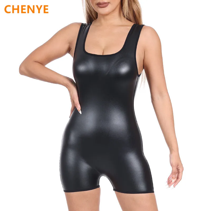 Women Leather Shorts Bodysuits One Piec Outfits Sexy Shaper Sleeveless Tank Top Jumpsuits Rompers Playsuits Party Club Shapewear