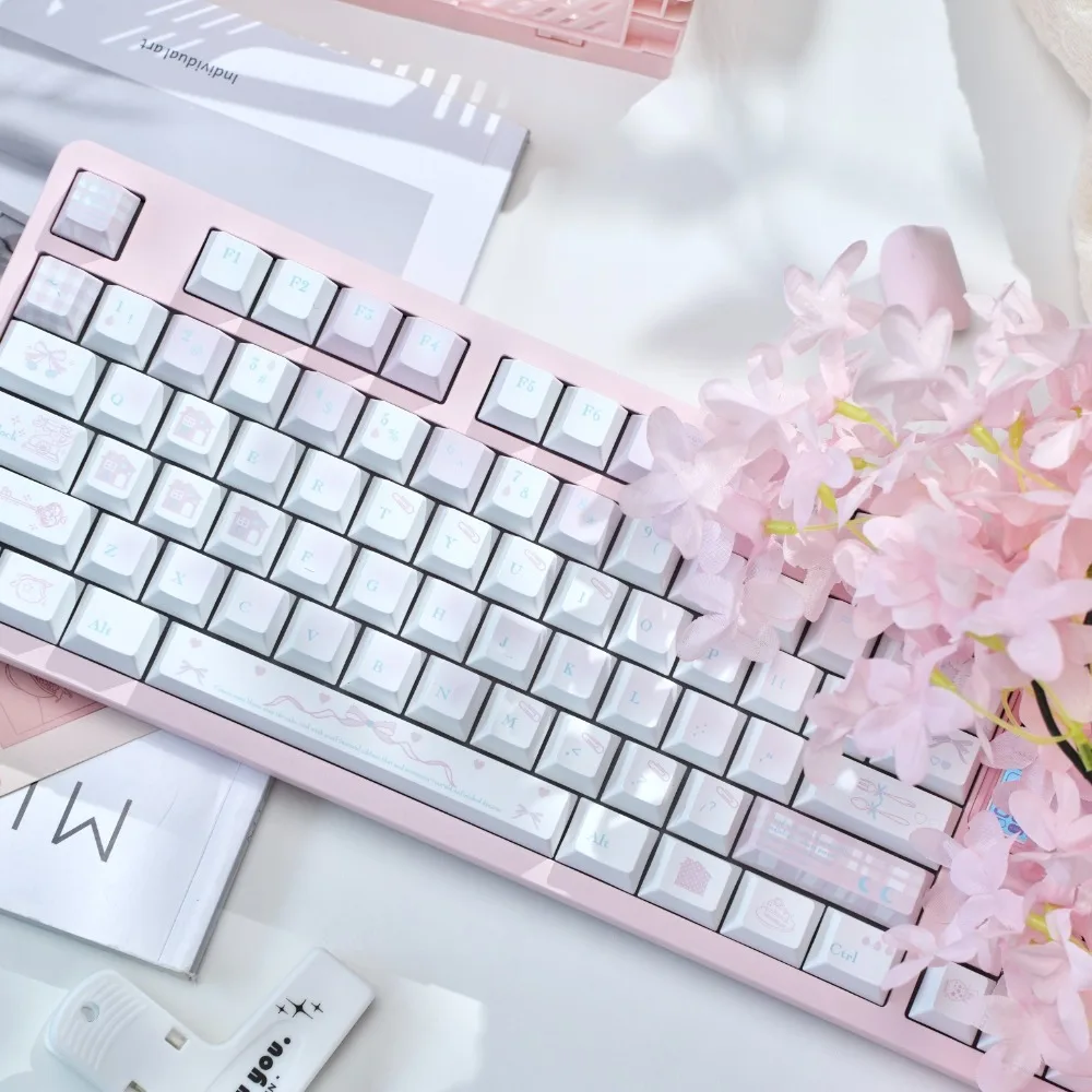130 Key Marshmallow Keycaps - Cherry Profile PBT Dye-Sub, Pink Cute Aesthetic for Mechanical Keyboard (70% US Layout)