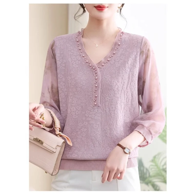 

V-neck Solid Color Pullover Bead Long-sleeved Sweater Spliced casual Top