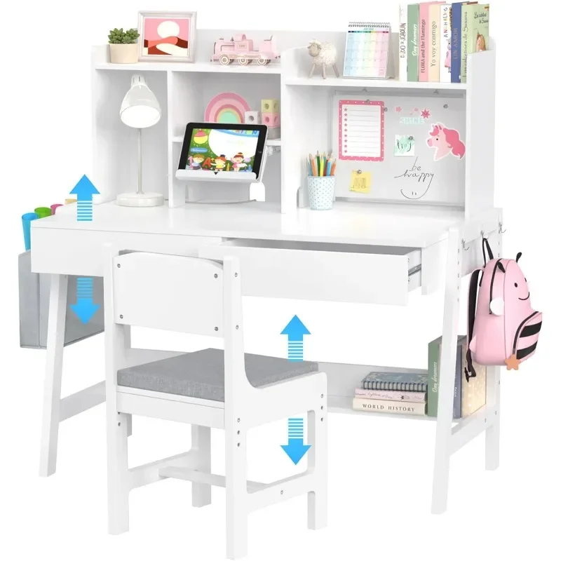 

GDLF Kids Study Desk and Chair Set, Adjustable Children Study Table with Chair, Kids Wooden Desk with Hutch, Drawers, Book Stand