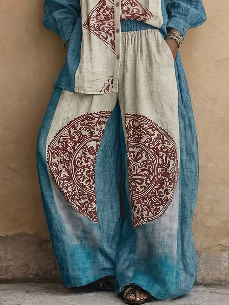 UOOZEE Women's Vintage Ethnic Printed 2 Piece Sets Long Sleeves Stand Collar Blouse & High Waist Wide Leg Pants Matching Set view 6