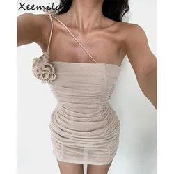 Xeemilo Vintage Mesh Pleated Dress Aesthetic Flower Oblique Collar Off Shoulder Mini Dresses Sexy Party Backless Women Vestidos