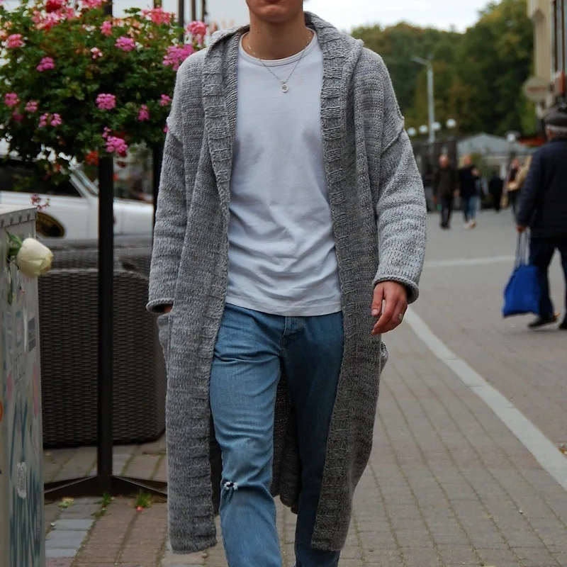 

2025 Men's Longline Hooded Cardigan, Thin Fall Knit Sweater Coat, Oversized Open Front Jacket