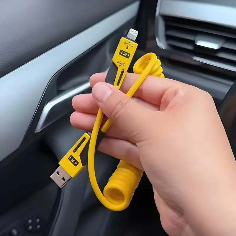 شاحن سريع 65 وات 1.5 متر 4 في 1 كابل بيانات قصير زنبركي USB نوع C زنبركي تلسكوبي شاحن سريع سلك كابل USB زنبركي لهاتف آيفون