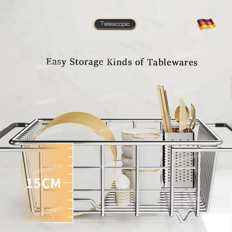 Stainless Steel Adjustable Sink Drying Rack Dish Holder Drainer for Fruit Vegetable Single Layer Expandable Drying Basket