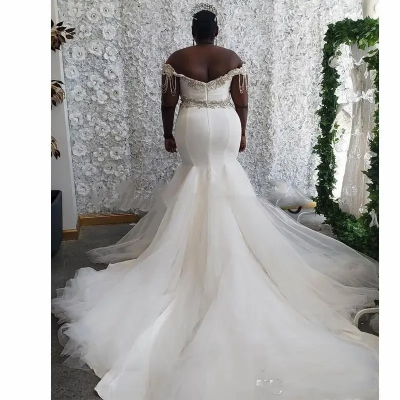 Personalizado plus size sereia vestidos de casamento 2023 frisado cristal borla varredura trem africano rainha nupcial jardim vestido de casamento rob